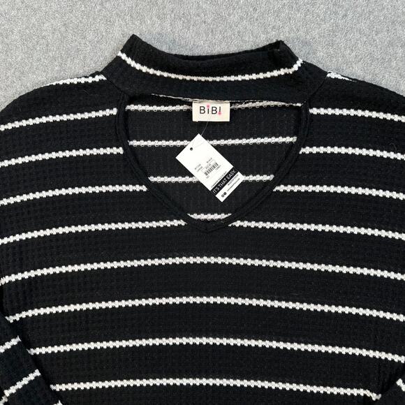 Bibi Striped Waffle Knit Pullover Sweater Women's Large Mock Neck Cut Out New - Picture 3 of 8